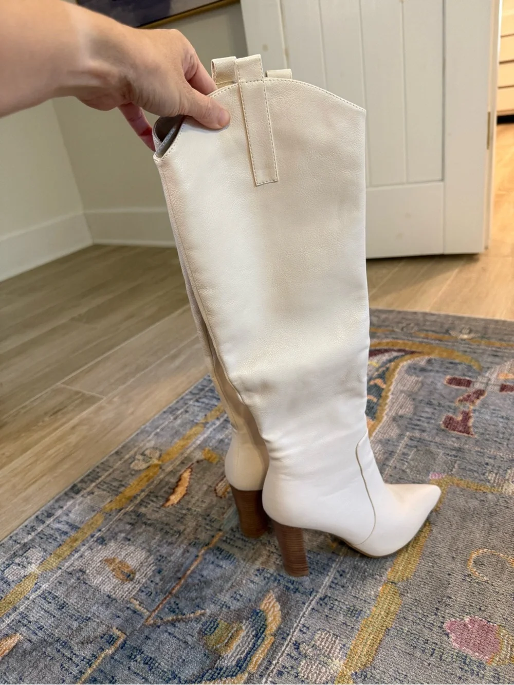 Kailani Cream Off White Leather Knee-High Stacked Heel Boots with Pointed Toe